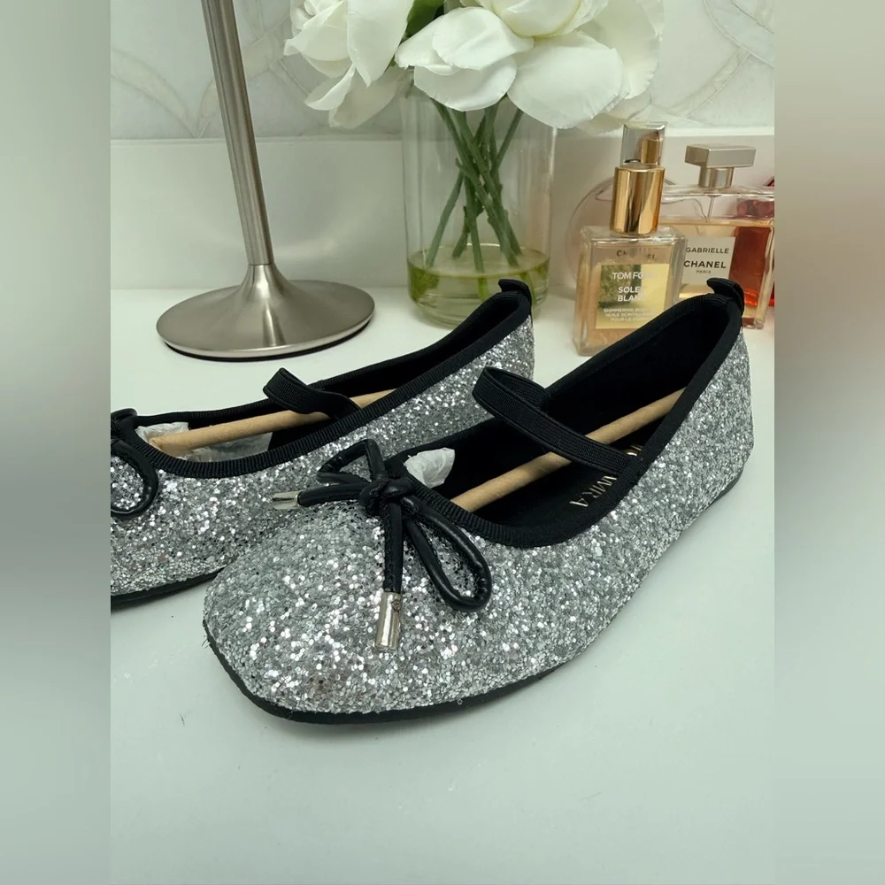 Yosi Samra Silver Glitter Kids Dress Shoes